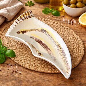 Vintage USA Pottery Boomerang Ashtray 218 Mid Century Modern Atomic Brown Yellow